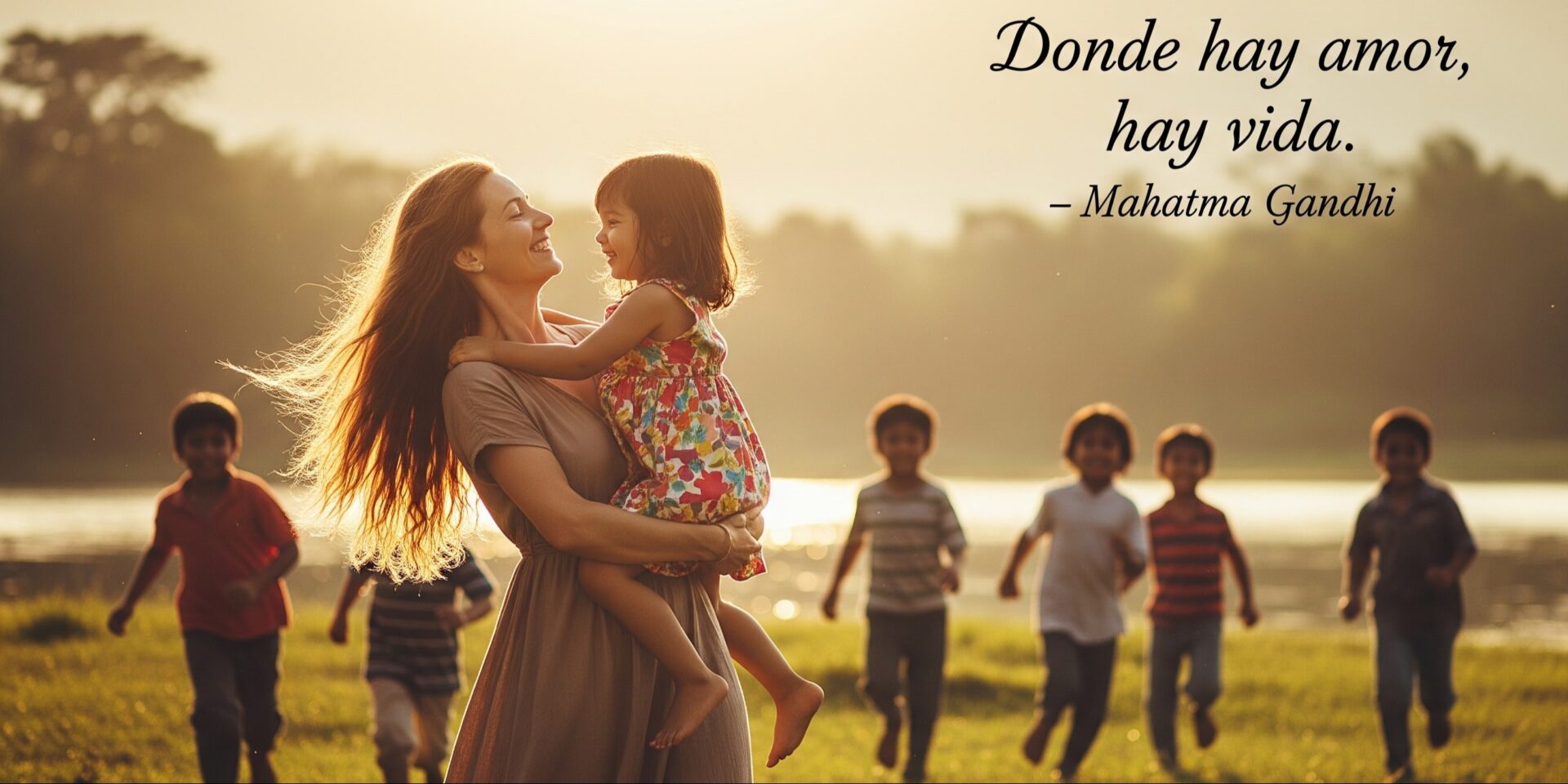 Mujer con una niña en brazos y muchos niños corriendo - donde hay amor, hay vida