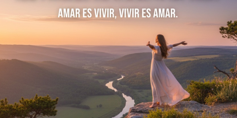 Mujer con los brazos abiertos y frase: amar es vivir, vivir es amar.