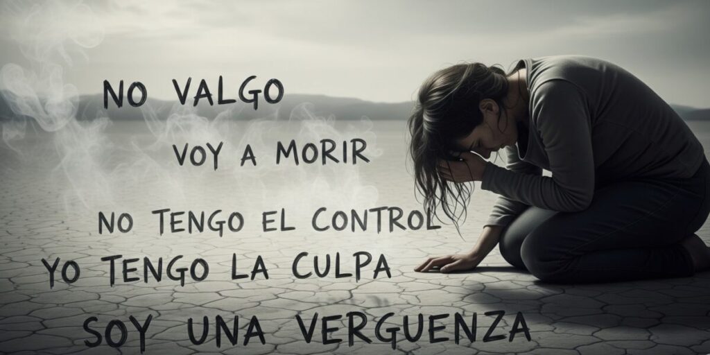 creencias limitantes en EMDR: mujer de rodillas rodeada de creencias limitantes: no valgo, voy a morir, no tengo el control, yo tengo la culpa, soy una verguenza.